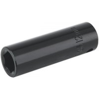 Black Sealey deep impact socket, 12mm size, 3/8in square drive, cylindrical with engraved size markings.