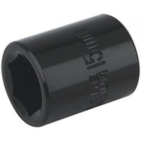 Black Sealey 15mm impact socket with 3/8in square drive, cylindrical shape, engraved size marking.