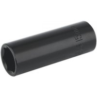 Black Sealey 15mm deep impact socket with 3/8in square drive, cylindrical shape, engraved size marking.