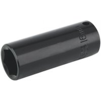 Black Sealey deep impact socket, 16mm size, 3/8in square drive, cylindrical shape with engraved markings.