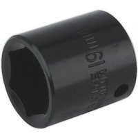 Black Sealey impact socket, 19mm size, 3/8in square drive, with engraved size marking.