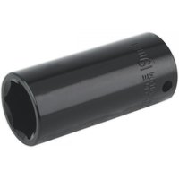 Black Sealey 19mm deep impact socket with 3/8in square drive, cylindrical shape, and engraved markings.