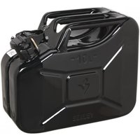 Black Sealey 10L jerry can with secure cap, embossed logo, and rectangular shape with reinforced edges.