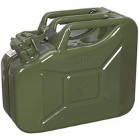 Green Sealey 10L Jerry Can with robust handle and secure spout, featuring embossed capacity markings.