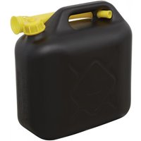 Black Sealey 10L fuel can with yellow spout and handle, rectangular shape with embossed pattern.