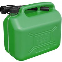 Green Sealey JC10PG 10L fuel can with a built-in spout and handle, featuring embossed measurement markings.