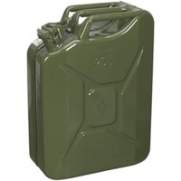 Green Sealey JC20G 20L jerry can with robust metal construction and secure spout cap.