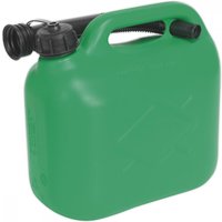 Green Sealey 5L fuel can with black spout and handle, featuring a secure screw cap and compact rectangular design.