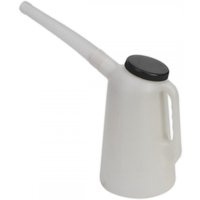 White Sealey 2L oil container with black lid and long flexible spout, featuring a side handle for easy pouring.