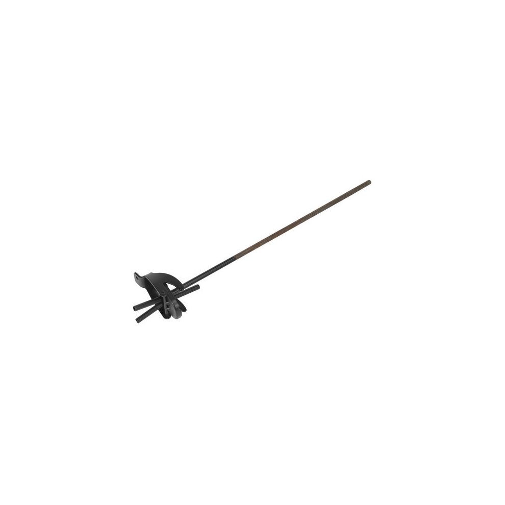 Black plastic Jerry can adaptor with a double tube design and a long metal rod, used for efficient pouring and dispensing of liquids.