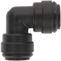 Black plastic elbow coupling with ribbed texture, 10mm size, part of a 5-pack, John Guest Speedfit® design.