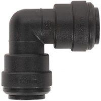 Black plastic elbow coupling with 12mm diameter, featuring a right-angle bend and ribbed connectors, pack of 5.
