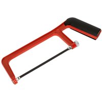 Red Sealey junior hacksaw with black adjustable blade and ergonomic handle.