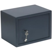 Black Sealey key lock security safe with a front keyhole and two keys inserted.