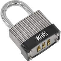 Sealey laminated steel combination padlock with silver body, black base, and three gold dials.