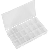 Clear Sealey large flipbox case with open lid and 12 removable dividers for customizable storage.