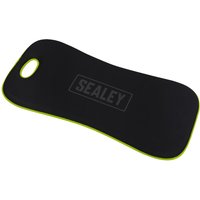 Black Sealey EVA kneeling mat with green trim, ergonomic shape, and a handle cutout.