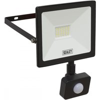 Black Sealey floodlight with PIR sensor, 20W SMD LED, extra-slim design, square frame, and adjustable mounting bracket.