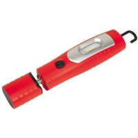 Red Sealey LED3602R inspection lamp with 360° swivel head, 7 SMD LEDs, black hook, and rechargeable battery.