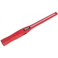 Red Sealey rechargeable 360° slim inspection light with 8W and 1W SMD LED, featuring a long, slender design.