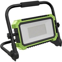 Green and black Sealey portable floodlight with rectangular LED panel and sturdy handle.