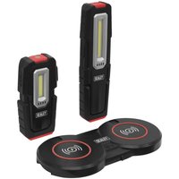 Black Sealey inspection lights with COB LEDs, red accents, and dual wireless charging base.