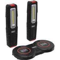 Black Sealey inspection lights with yellow COB LEDs, red accents, and dual wireless charging base with red circles.