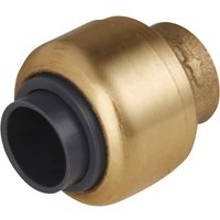 Brass Sealey line end plug for SharkBite Speedfit systems with black rubber seal and cylindrical shape.