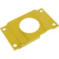Yellow Sealey locking bollard base plate with circular cutout and four mounting holes.