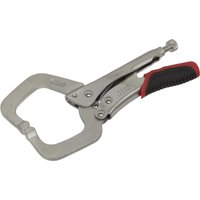 Sealey Locking C Clamp Pliers, silver metal with black and red rubber grip handle, adjustable screw for tension control.