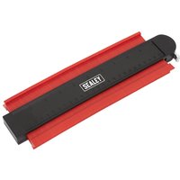 Red and black Sealey locking contour gauge with ruler markings and a locking mechanism.