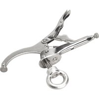 "Metal Sealey locking drill press clamp with curved jaws and adjustable screw handle for secure grip"