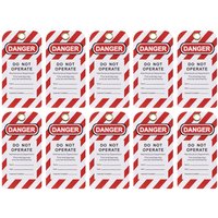 Red and white striped Sealey lockout safety tags with "Danger Do Not Operate" text and writable lines.