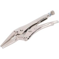 Sealey long nose locking pliers, silver metallic finish, adjustable screw, curved handles, and pointed jaws.