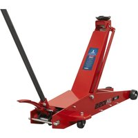 Red Sealey long reach high lift trolley jack with black handle and wheels, designed for commercial vehicles.
