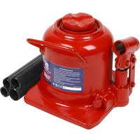 Red Sealey low entry telescopic bottle jack with black handle and cylindrical body.