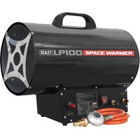 Black Sealey LP100 propane gas space heater with handle, red hose, and control panel on base.