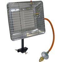 Rectangular Sealey propane gas space heater with metal grill, orange hose, and adjustable black stand.