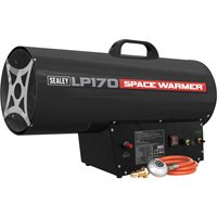 Black Sealey LP170 propane gas space heater with red hose, control panel, and carrying handle.