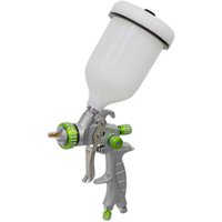 Sealey LVLP Gravity Feed Air Spray Gun, silver body, white paint cup, green adjustment knobs, ergonomic handle.