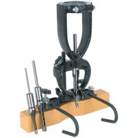 Sealey MA10 mortising attachment with black metal frame, two chisels, and a wooden base for pillar drills.