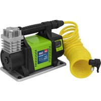 Green and black Sealey digital tyre inflator with yellow coiled hose and pressure gauge.