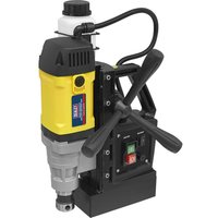 Sealey MAG110V Magnetic Drill with yellow and black casing, dual handles, and control panel with switches.