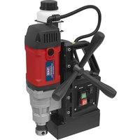 Sealey MAG230V magnetic drill with red and black casing, dual handles, and control panel on a sturdy base.