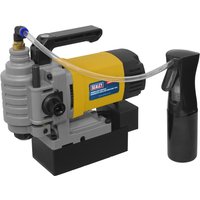 "Yellow and black Sealey MAG35 low profile magnetic drilling machine with handle and attached coolant system"