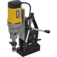 Sealey MAG60 magnetic drilling machine, yellow and gray body, black base, dual handles, control panel with switches.