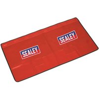 Red Sealey magnetic workshop wing cover with tool pockets, featuring Sealey logo and black trim.