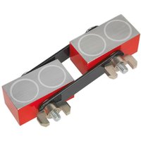 Red and silver Sealey magnetic adjustable welding link with dual rectangular magnets and metal adjustment knobs.