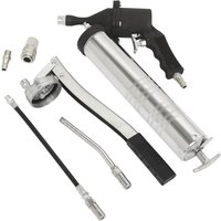 Sealey Manual / Air Grease Gun Kit with silver cylindrical body, black handle, and various nozzles and connectors.