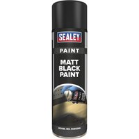 Sealey Matt Black Aerosol Spray Paint can with black cap and label, pack of 6.